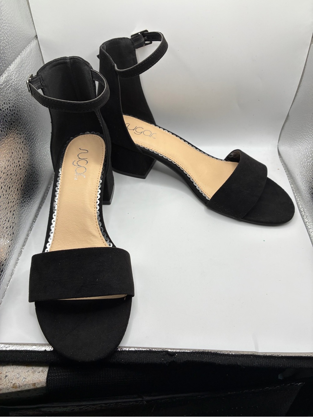 Sugar Noelle Black Ankle Strap Block Heel Sandals Women’s 7.5M NWT